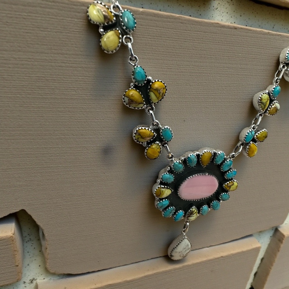 Honey Dahlia Turquoise, Kingman Turquoise & Conch Solid Sterling Silver Necklace - Picture 8 of 15